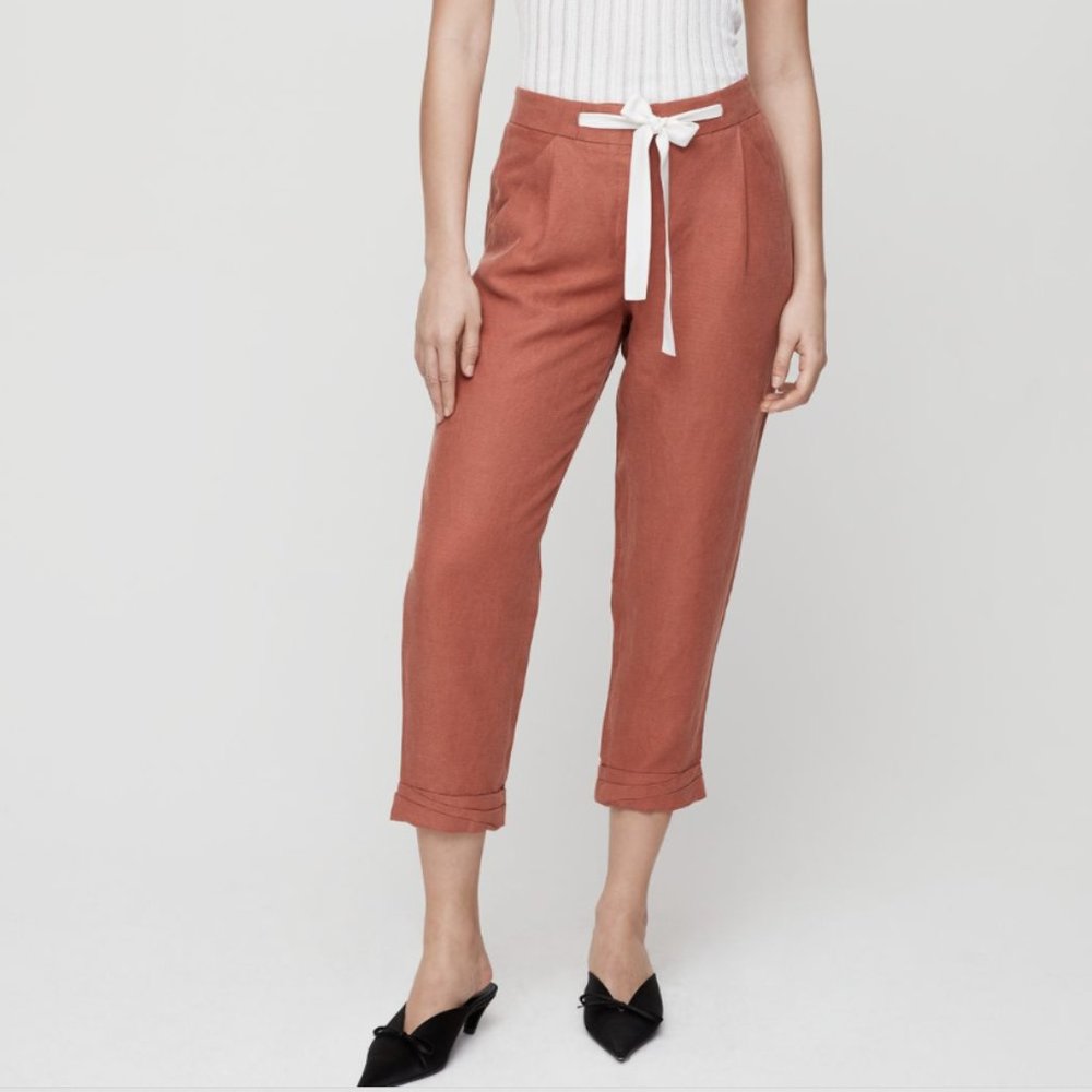 Aritzia Wilfred Women's Allant Cropped Linen Pants in Sz 2 Tie Waist Linen Blend